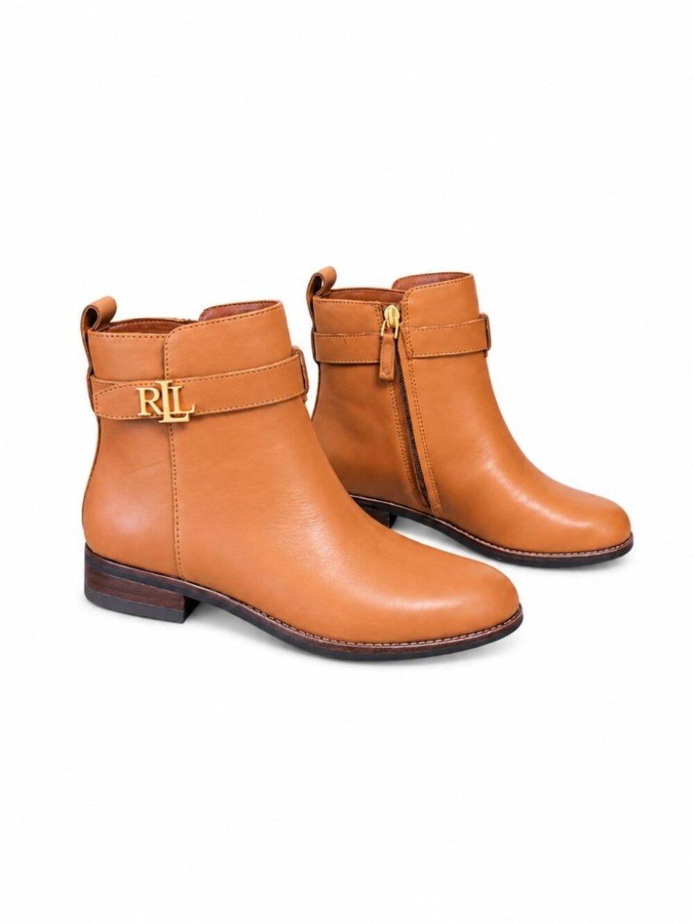 Ralph Lauren Leather Ankle Booties with RL Strap Polo Tan 6.5B NWT